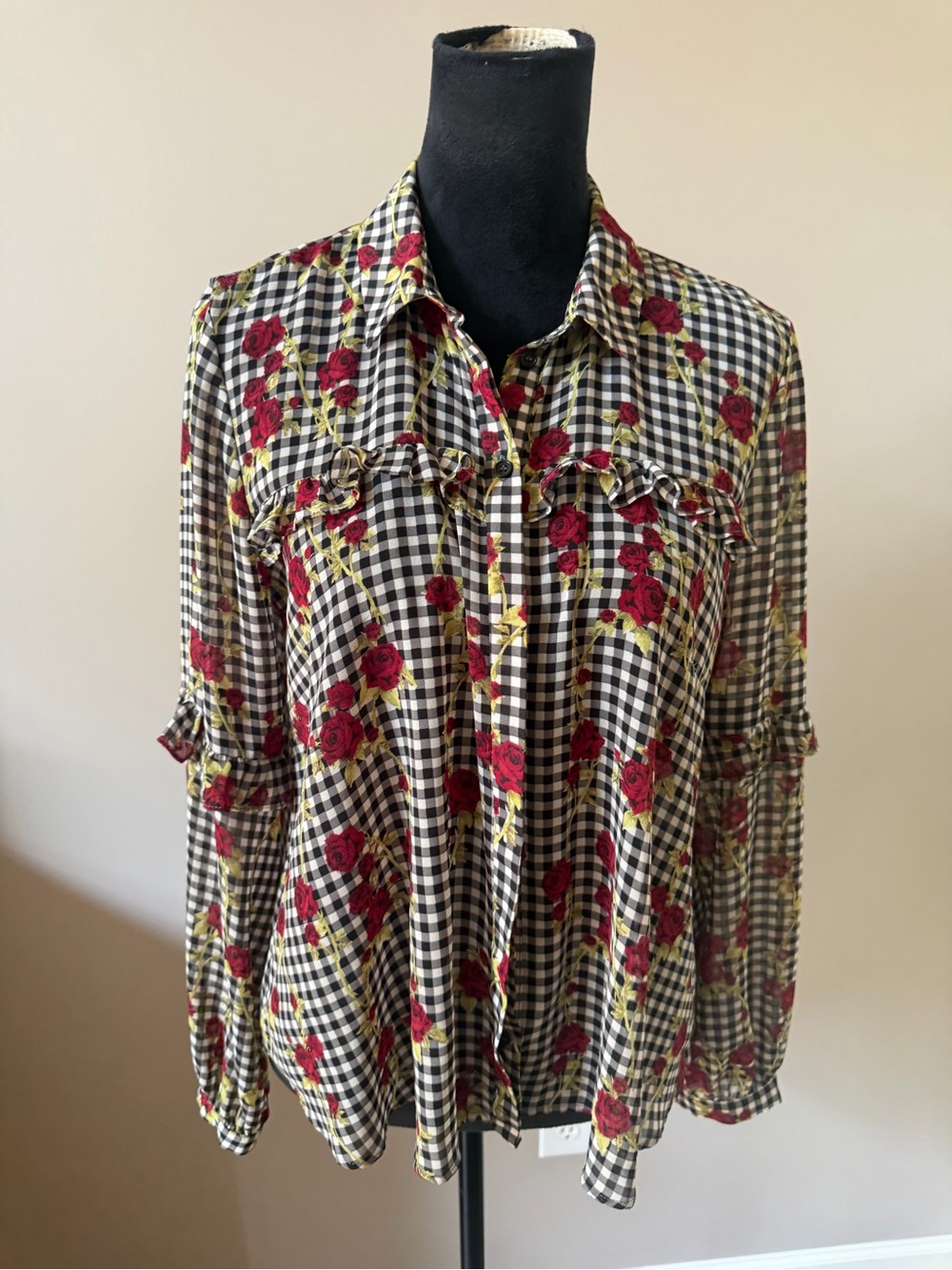 Topshop Gingham Rose Print Button Blouse - Black/White with Red Roses Size 12